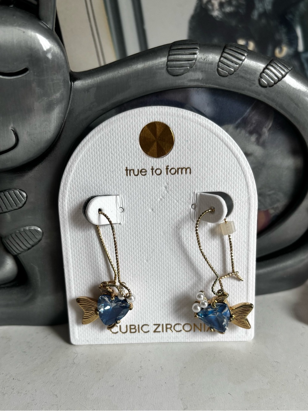 True to Form Gold Fish Drop Earrings with Blue Heart Stones